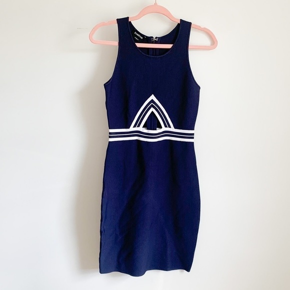 BEBE Navy Blue White Body Con Bandage Mini Dress Medium - Picture 2 of 11